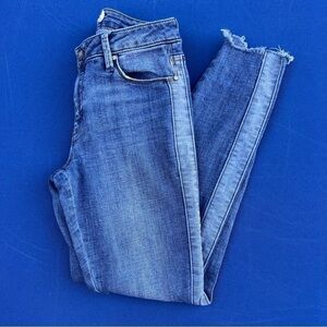 Unpublished Capri Blue Jeans, Light Denim Stripe Down the Side of Leg, Raw Hem